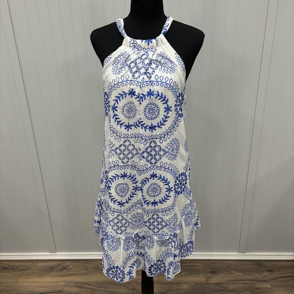 Trina Turk Women's Medium White & Blue Embroidered Halter Shift Dress Preppy